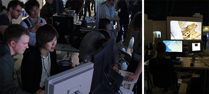 The image shows the crowded demo booth at CHI (left) and the overall setup of interactivity (right).